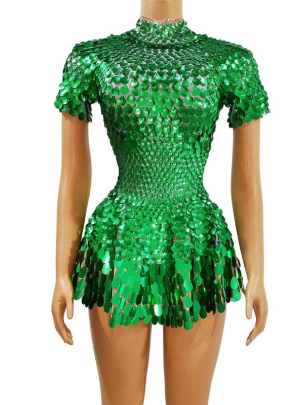 Vintage High Neck Sequined Mini Dress with Sheath Silhouette