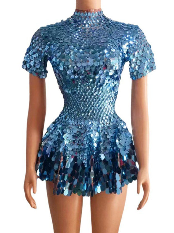 Vintage High Neck Sequined Mini Dress with Sheath Silhouette