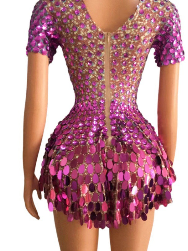 Vintage High Neck Sequined Mini Dress with Sheath Silhouette