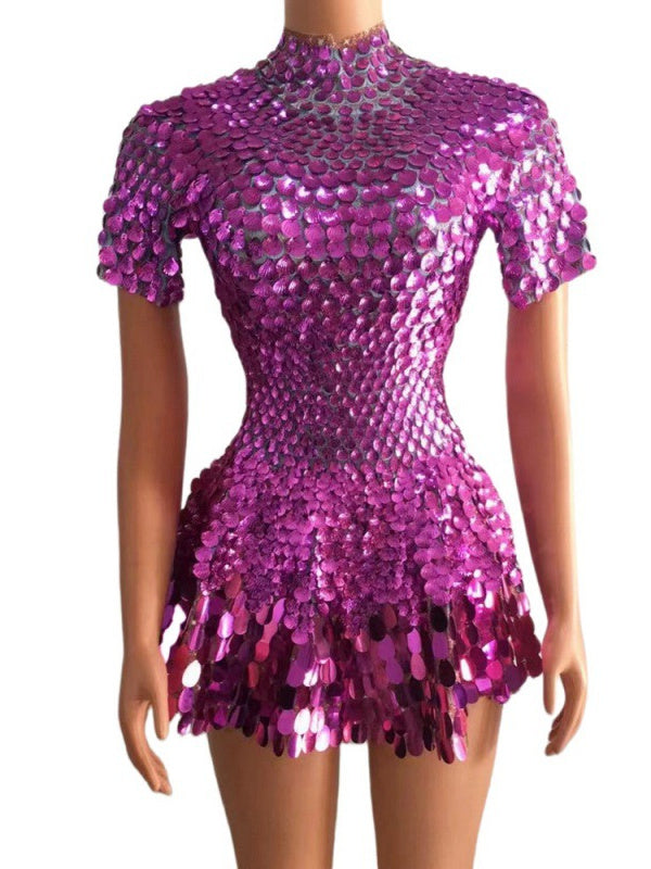 Vintage High Neck Sequined Mini Dress with Sheath Silhouette