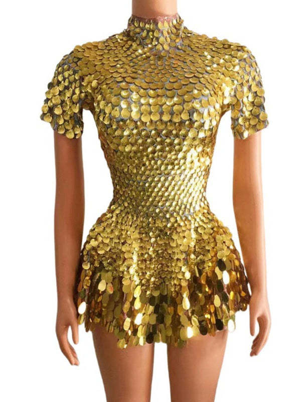 Vintage High Neck Sequined Mini Dress with Sheath Silhouette