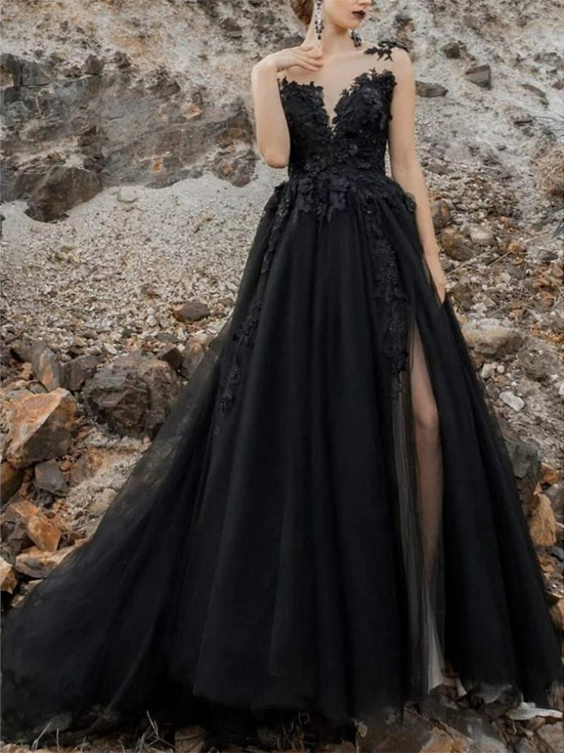Princess A-Line Sleeveless Evening Dresses With Illusion Neck, Pleats, and Appliques Slit