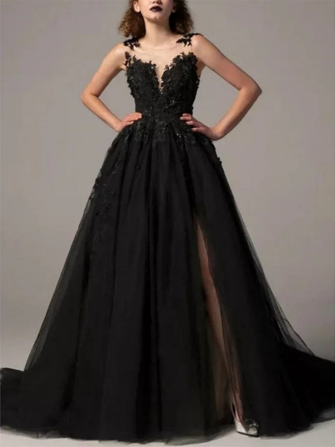 Princess A-Line Sleeveless Evening Dresses With Illusion Neck, Pleats, and Appliques Slit
