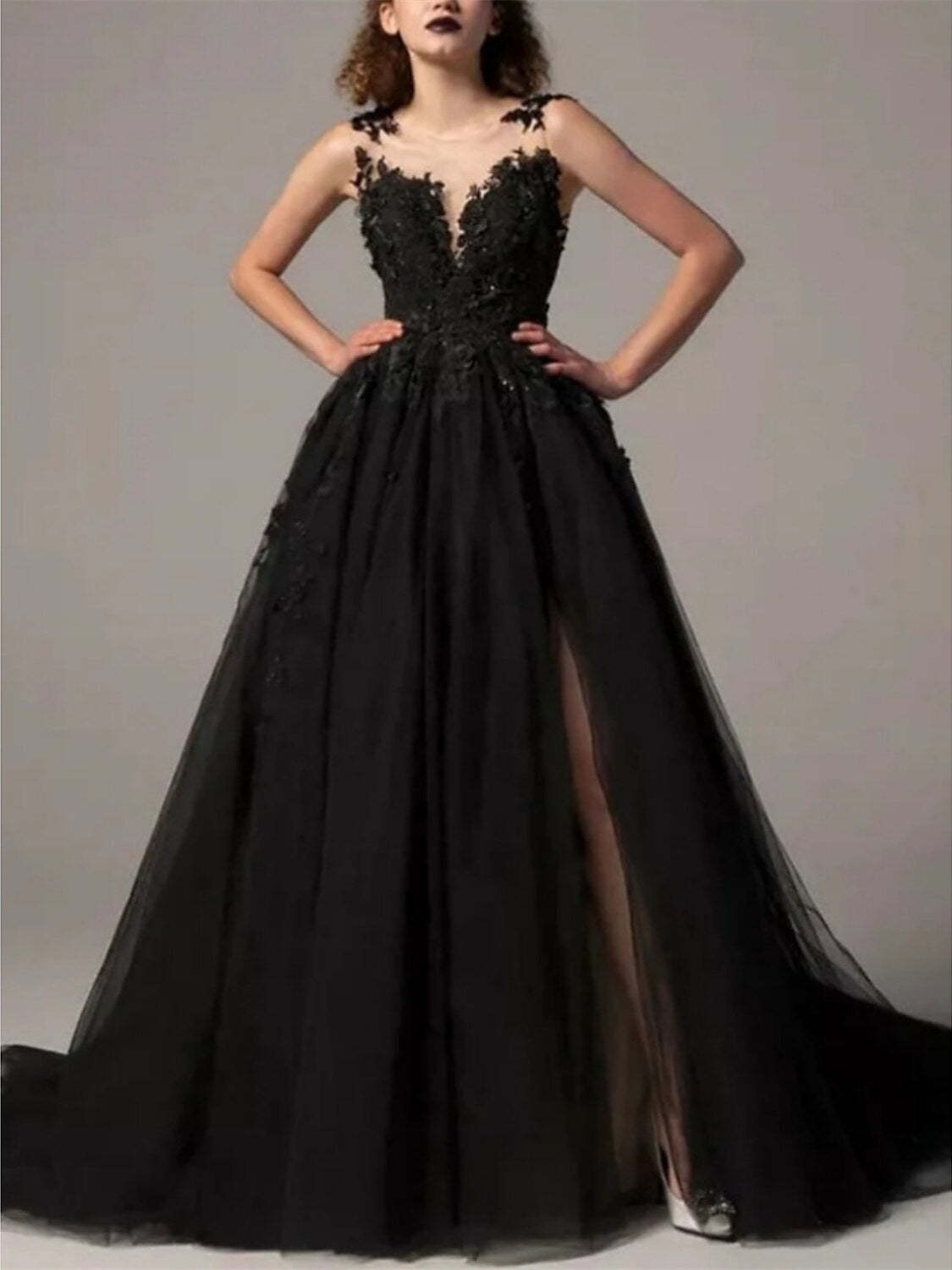 Princess A-Line Sleeveless Evening Dresses With Illusion Neck, Pleats, and Appliques Slit