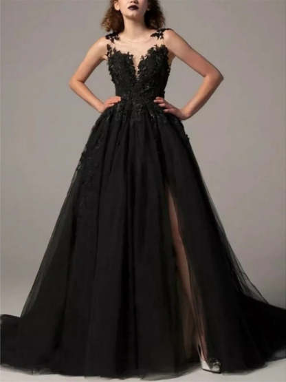 Princess A-Line Sleeveless Evening Dresses With Illusion Neck, Pleats, and Appliques Slit