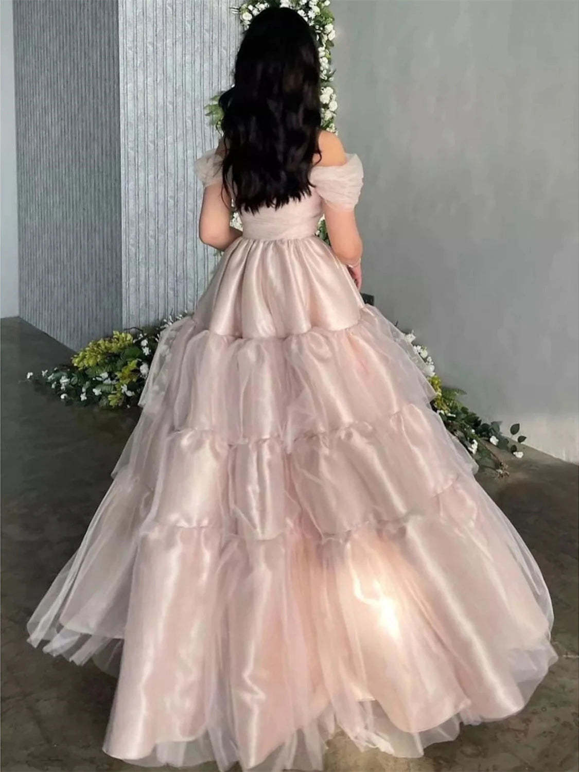 Off-the-Shoulder Pleated Evening Dresses in A-Line/Princess Style with Short Sleeves