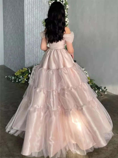 Off-the-Shoulder Pleated Evening Dresses in A-Line/Princess Style with Short Sleeves
