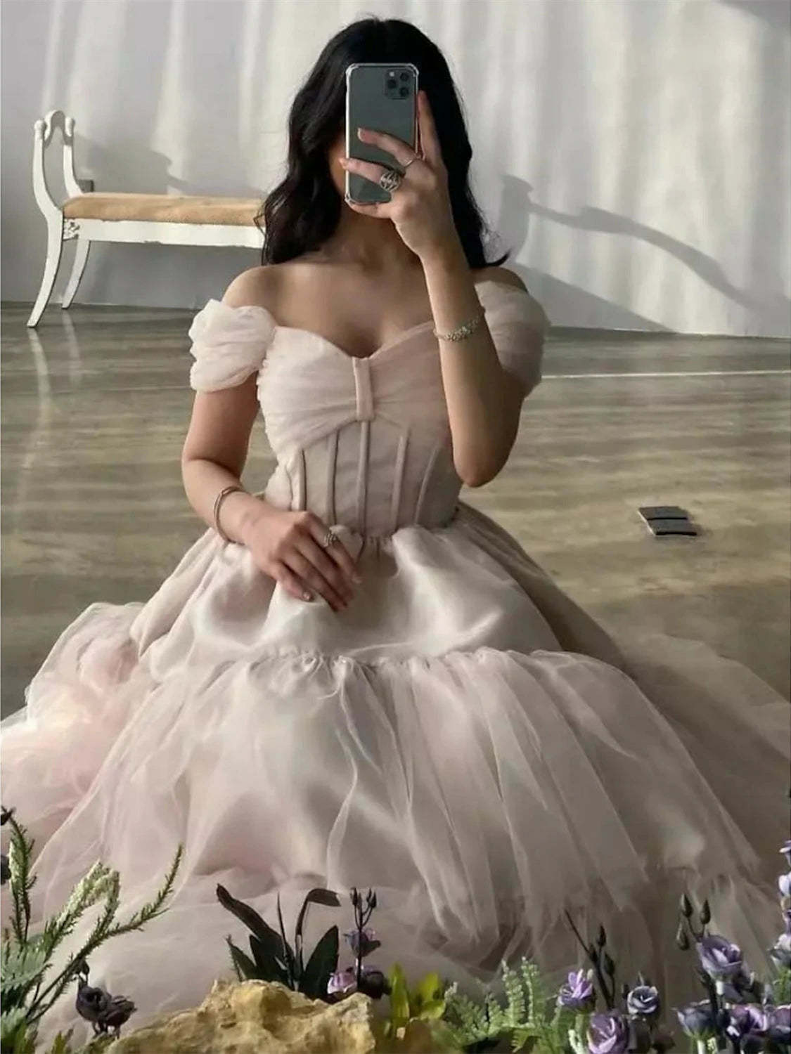 Off-the-Shoulder Pleated Evening Dresses in A-Line/Princess Style with Short Sleeves