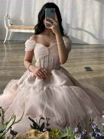 Off-the-Shoulder Pleated Evening Dresses in A-Line/Princess Style with Short Sleeves