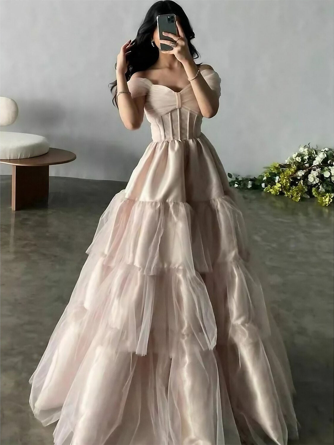 Off-the-Shoulder Pleated Evening Dresses in A-Line/Princess Style with Short Sleeves