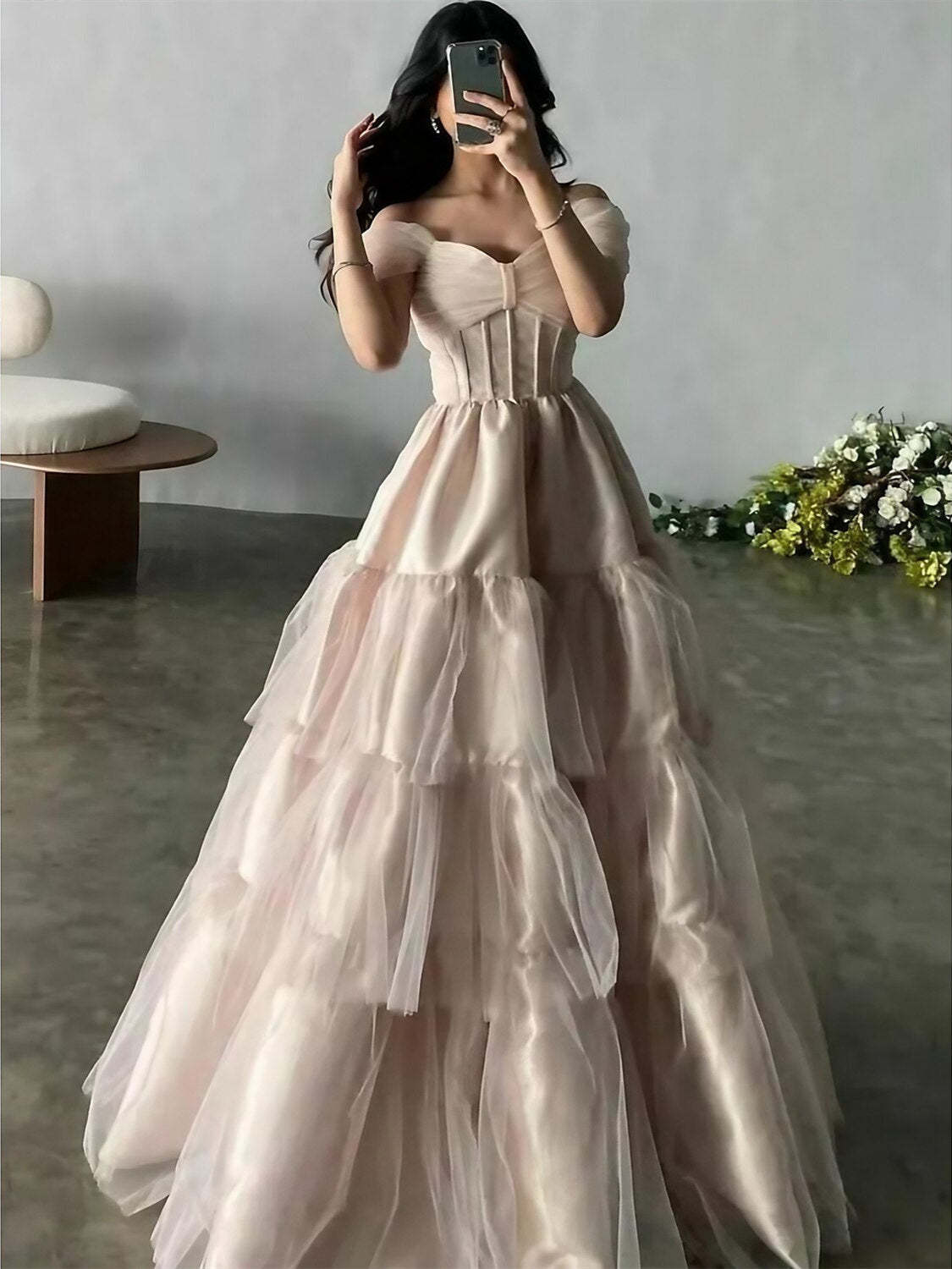 Off-the-Shoulder Pleated Evening Dresses in A-Line/Princess Style with Short Sleeves