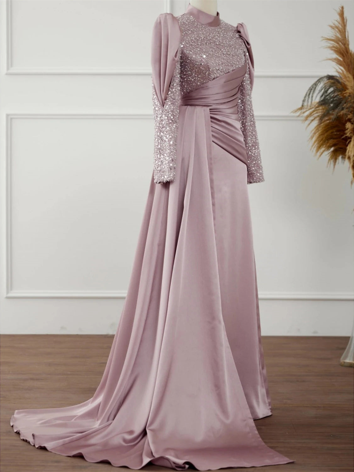 Evening Dresses With Glitter Pleats Ruched in A-Line/Princess Long Sleeves Jewel Neck