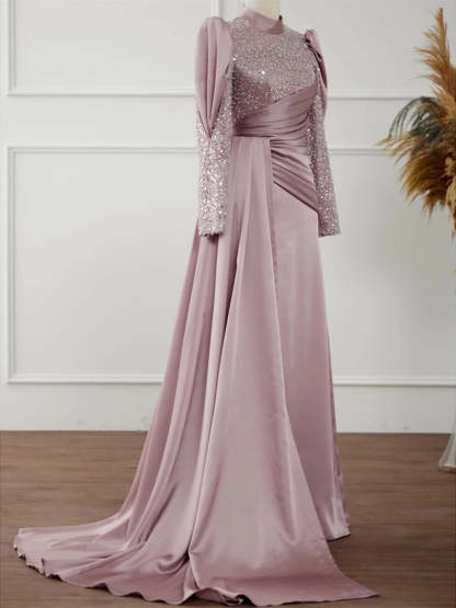 Evening Dresses With Glitter Pleats Ruched in A-Line/Princess Long Sleeves Jewel Neck