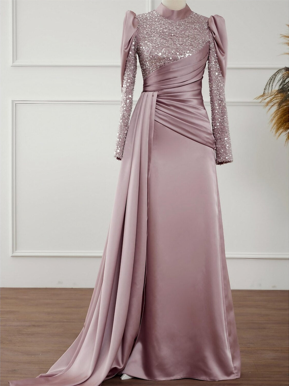Evening Dresses With Glitter Pleats Ruched in A-Line/Princess Long Sleeves Jewel Neck