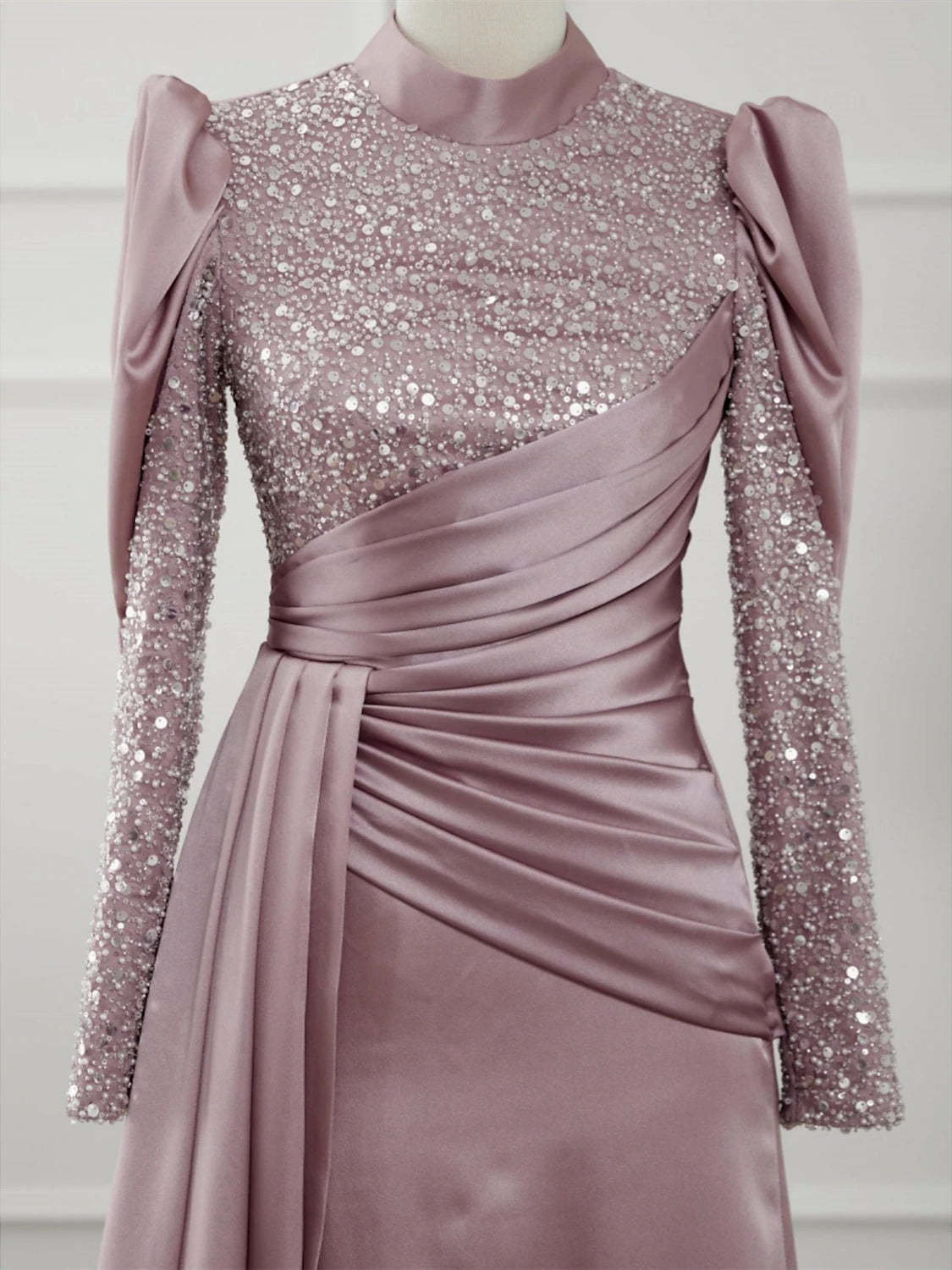 Evening Dresses With Glitter Pleats Ruched in A-Line/Princess Long Sleeves Jewel Neck