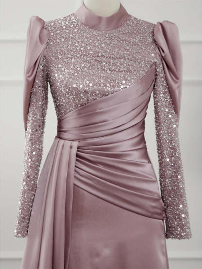 Evening Dresses With Glitter Pleats Ruched in A-Line/Princess Long Sleeves Jewel Neck
