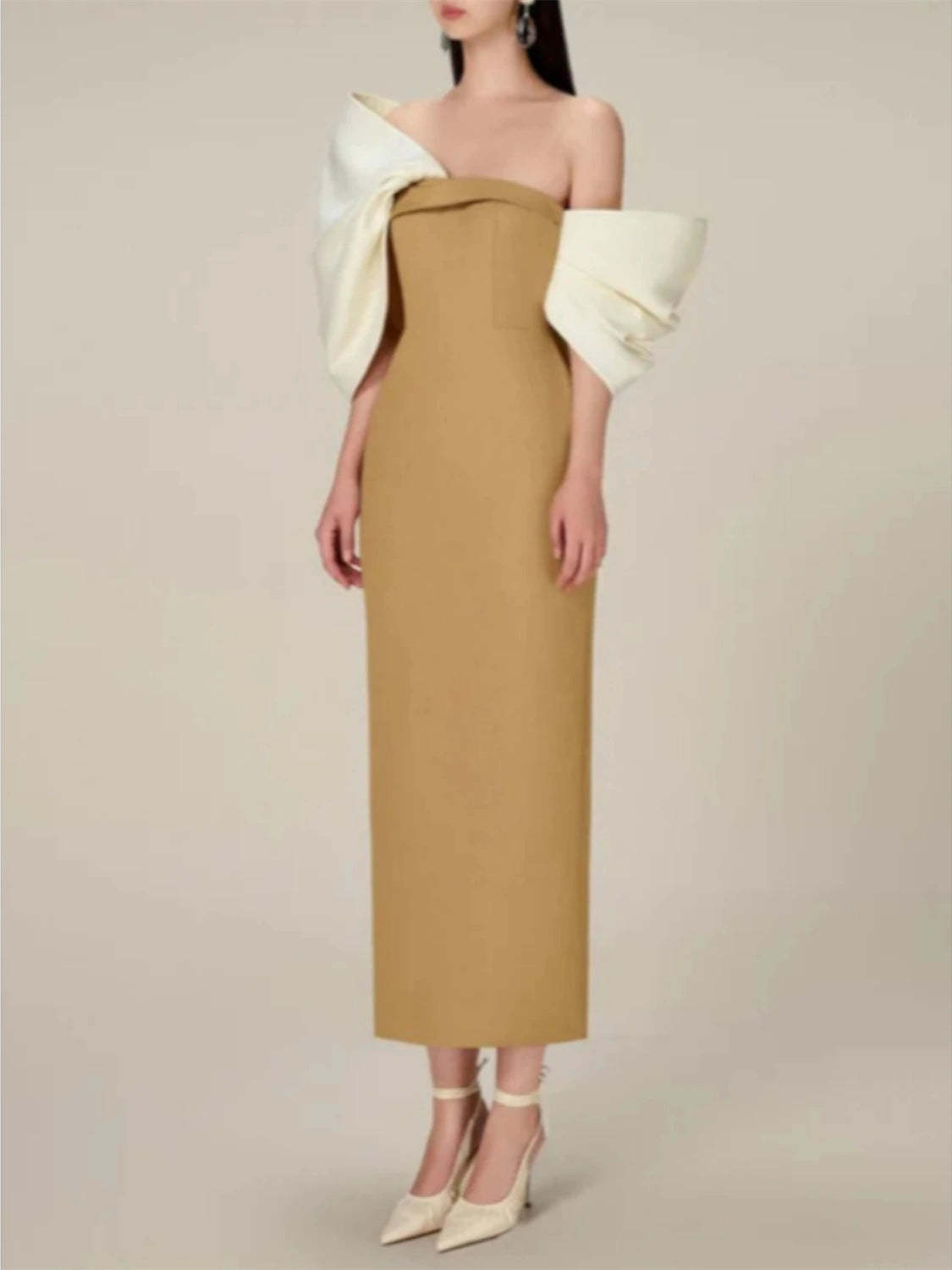 Off-the-Shoulder Evening Gowns With Bow(s) - Half Sleeve Sheath/Column Style