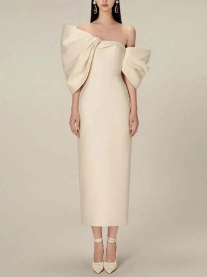 Off-the-Shoulder Evening Gowns With Bow(s) - Half Sleeve Sheath/Column Style