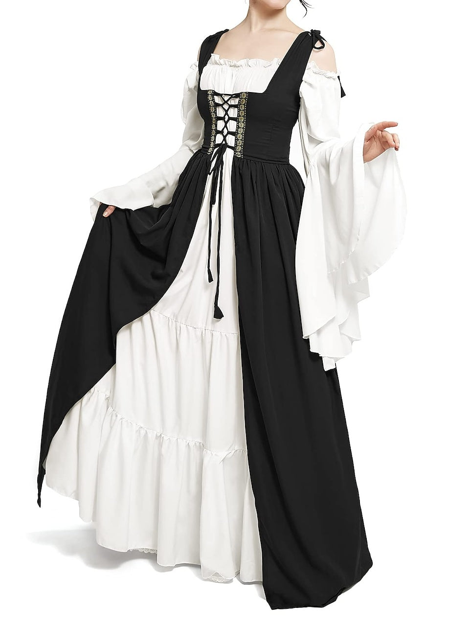 Vintage Floor-Length A-Line Dress with Off-the-Shoulder Long Sleeves