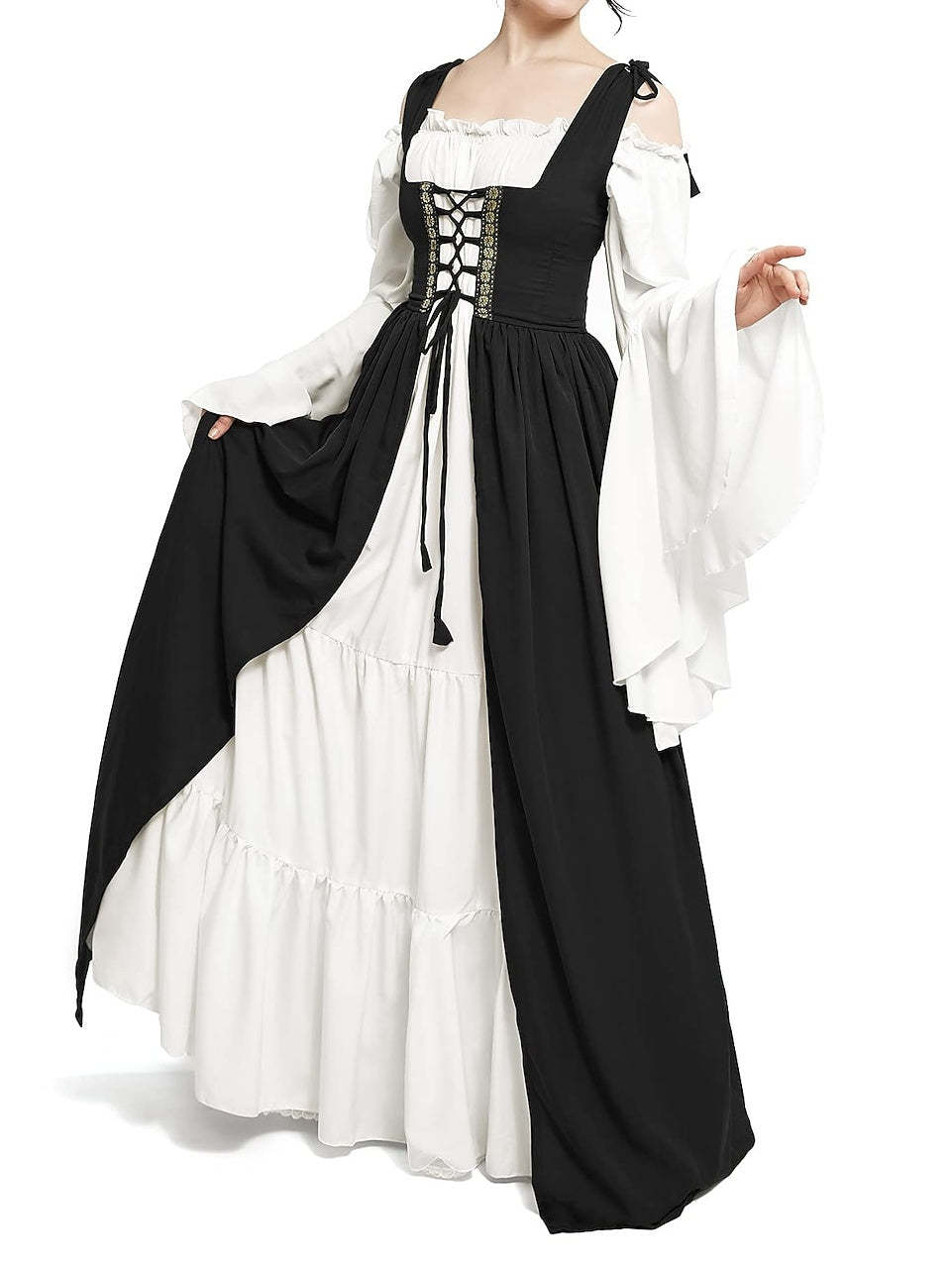 Vintage Floor-Length A-Line Dress with Off-the-Shoulder Long Sleeves