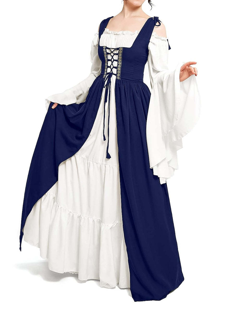 Vintage Floor-Length A-Line Dress with Off-the-Shoulder Long Sleeves