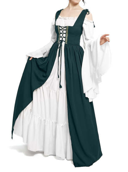 Vintage Floor-Length A-Line Dress with Off-the-Shoulder Long Sleeves