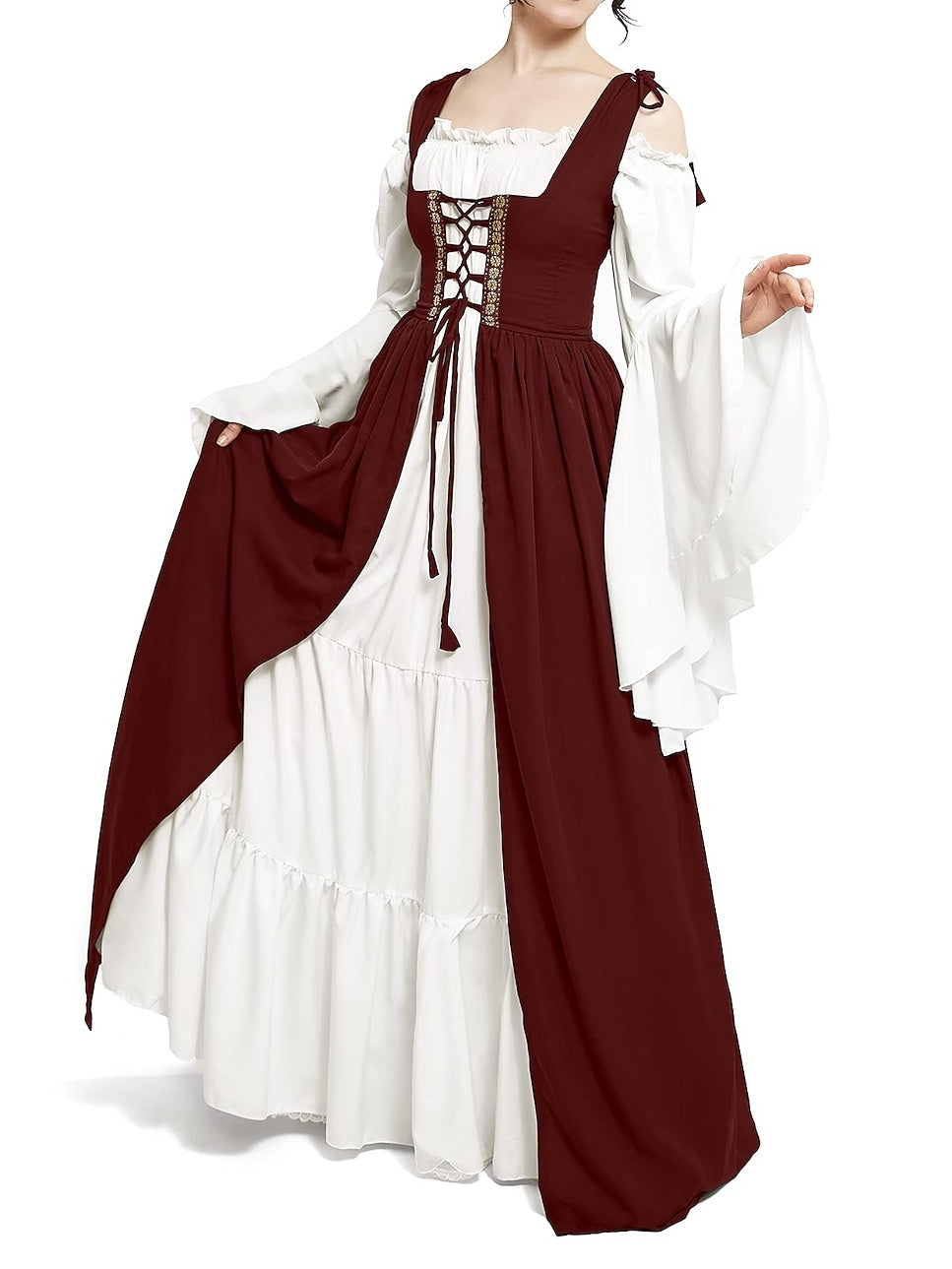 Vintage Floor-Length A-Line Dress with Off-the-Shoulder Long Sleeves