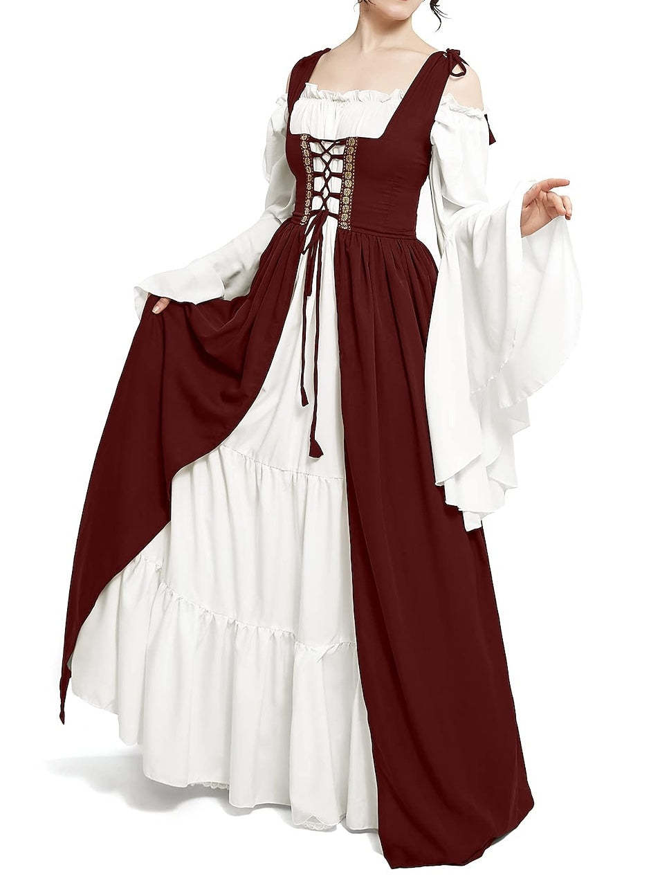 Vintage Floor-Length A-Line Dress with Off-the-Shoulder Long Sleeves