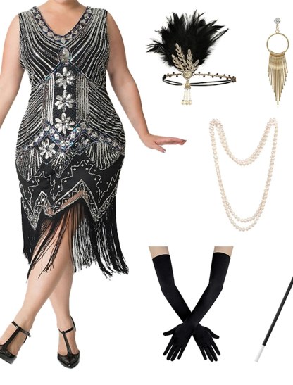 Vintage Tea-Length Sleeveless A-Line/Princess V-Neck Dress Set with Feather Headband Earrings Necklace and Gloves-BMbridal.UK