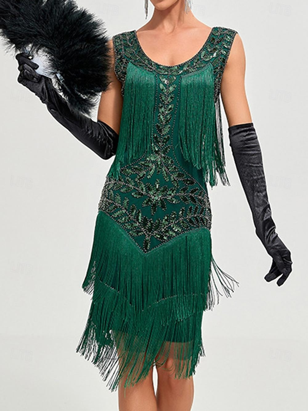 Vintage Knee-Length A-Line Princess Dress with Scoop Neckline Sequins & Tassel Fringe