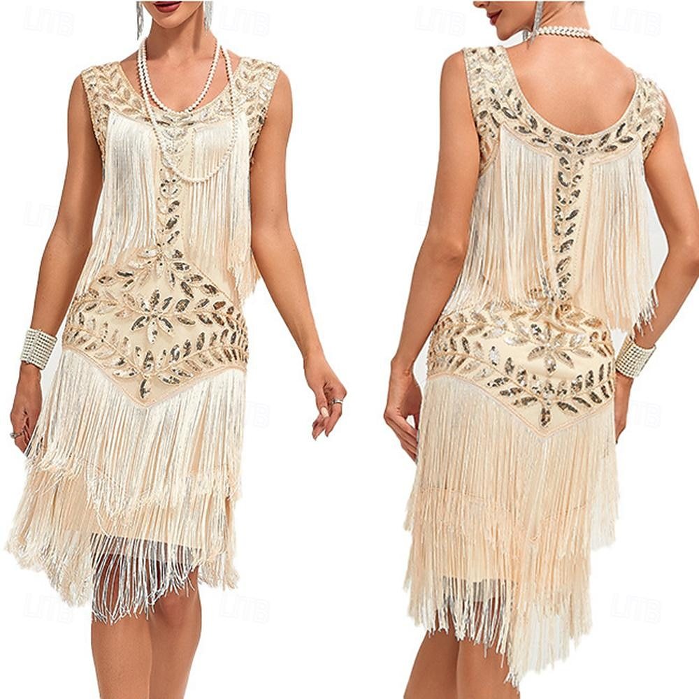 Vintage Knee-Length A-Line Princess Dress with Scoop Neckline Sequins & Tassel Fringe