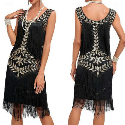 Vintage Knee-Length A-Line Princess Dress with Scoop Neckline Sequins & Tassel Fringe