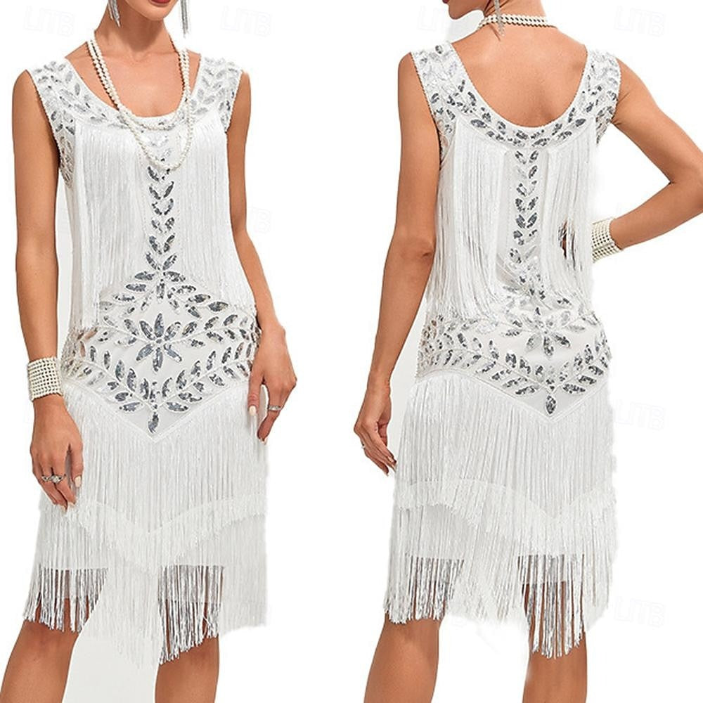 Vintage Knee-Length A-Line Princess Dress with Scoop Neckline Sequins & Tassel Fringe