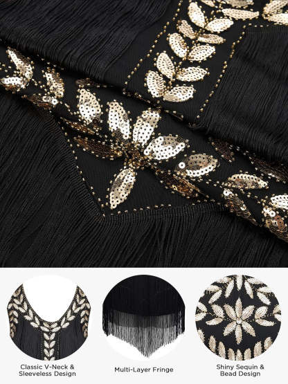 Vintage Halter A-Line Dress with Tassel Fringe Sequins and Knee-Length Cut