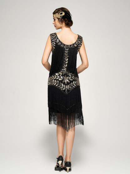 Vintage Halter A-Line Dress with Tassel Fringe Sequins and Knee-Length Cut