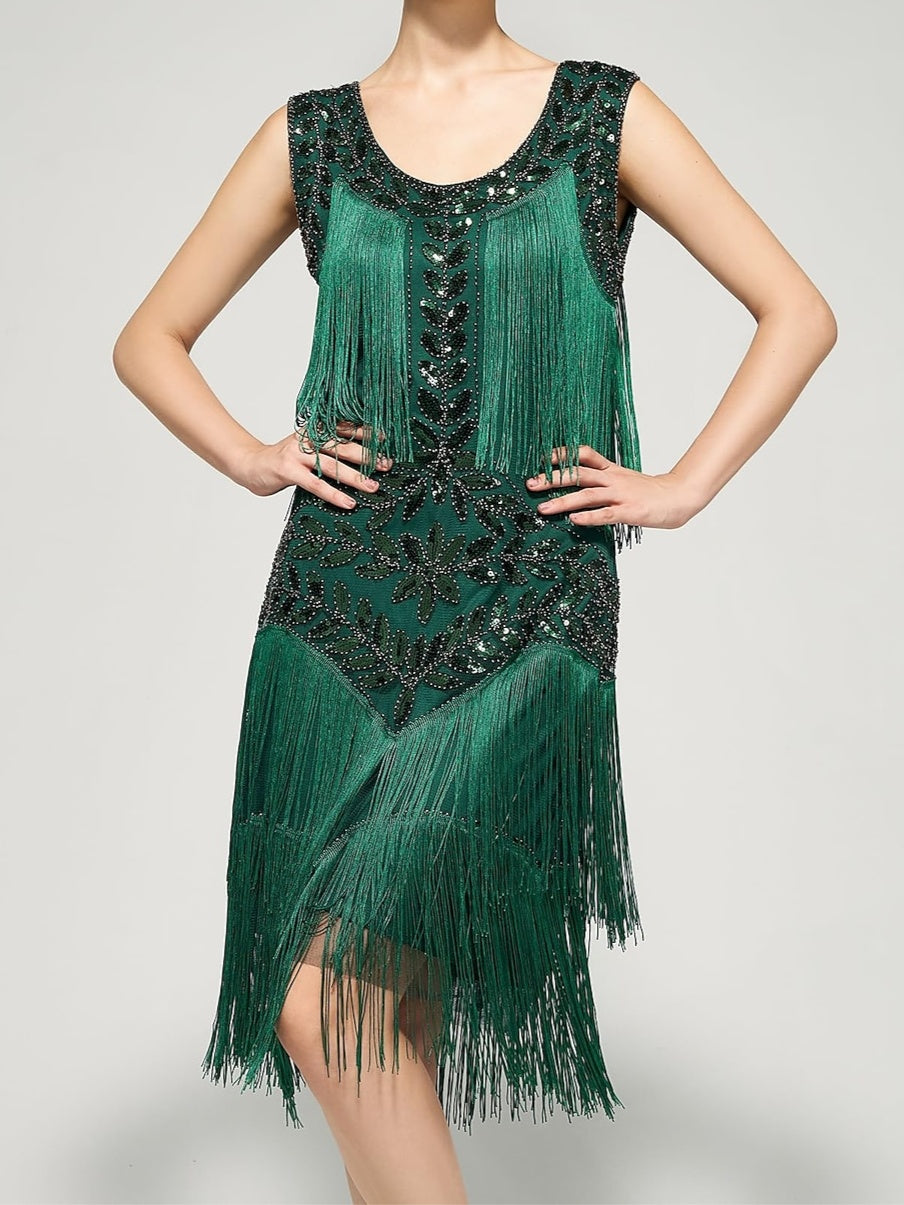 Vintage Halter A-Line Dress with Tassel Fringe Sequins and Knee-Length Cut