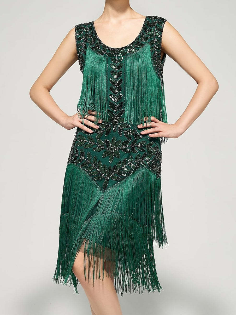Vintage Halter A-Line Dress with Tassel Fringe Sequins and Knee-Length Cut