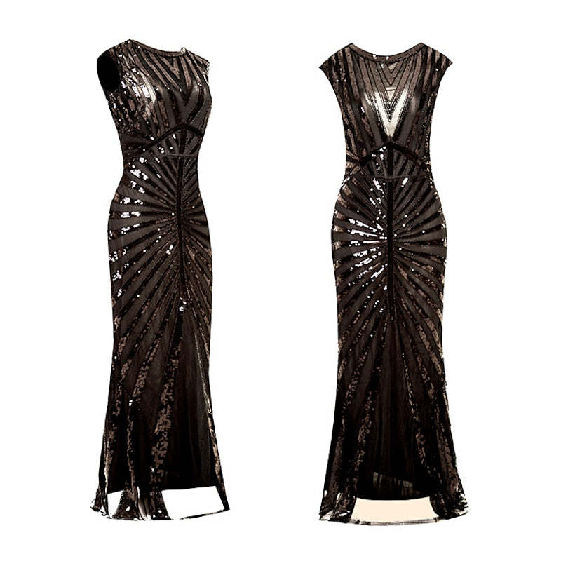 Vintage sequin A-line princess dress with jewel neck and floor-length hem