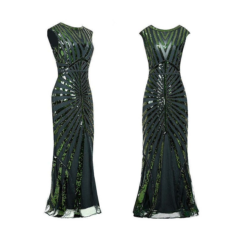 Vintage sequin A-line princess dress with jewel neck and floor-length hem