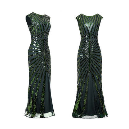 Vintage sequin A-line princess dress with jewel neck and floor-length hem