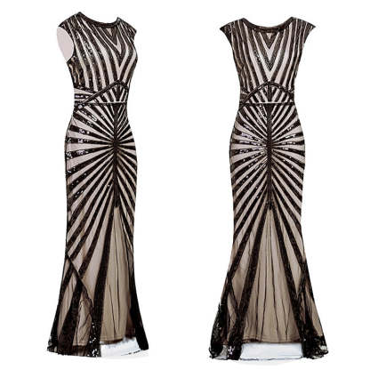 Vintage sequin A-line princess dress with jewel neck and floor-length hem