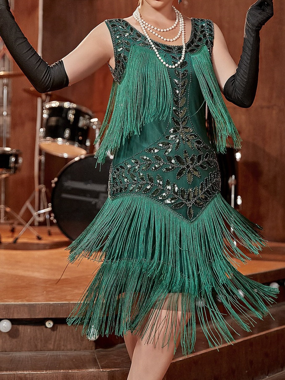 Vintage Halter A-Line Princess Dress in Knee-Length With Sleeveless Tassel Fringe & Sequins