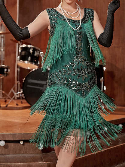 Vintage Halter A-Line Princess Dress in Knee-Length With Sleeveless Tassel Fringe & Sequins