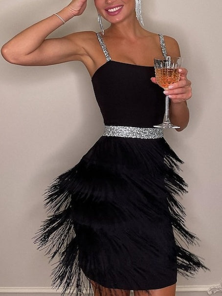 Vintage Spaghetti Straps A-Line Princess Dress in Knee-Length With Tassel Fringe