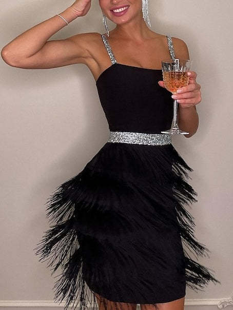 Vintage Spaghetti-Strap A-Line Princess Dress with Tassel Fringe Knee-Length and Sleeveless