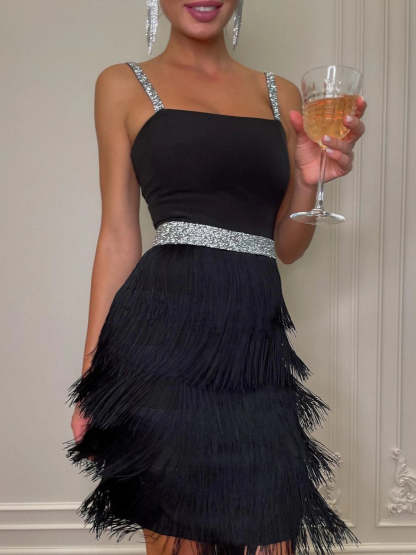 Vintage Spaghetti-Strap A-Line Princess Dress with Tassel Fringe Knee-Length and Sleeveless