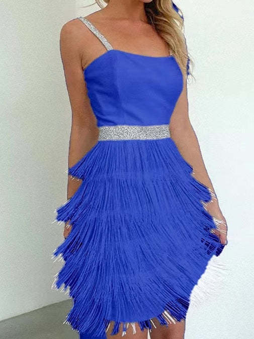 Vintage Spaghetti-Strap A-Line Princess Dress with Tassel Fringe Knee-Length and Sleeveless