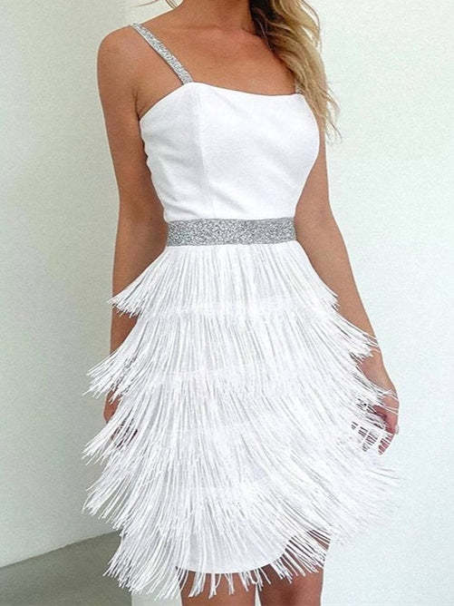 Vintage Spaghetti-Strap A-Line Princess Dress with Tassel Fringe Knee-Length and Sleeveless