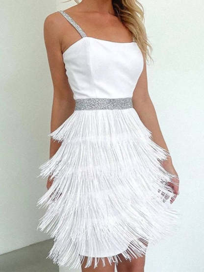 Vintage Spaghetti-Strap A-Line Princess Dress with Tassel Fringe Knee-Length and Sleeveless