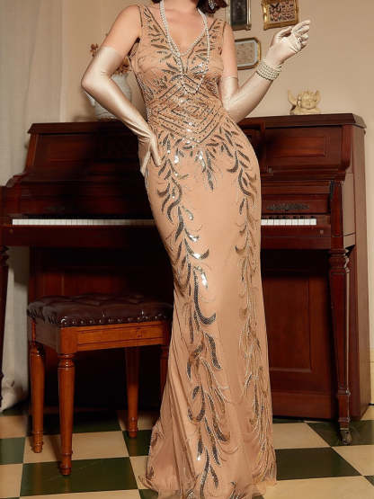 Vintage V-Neck Sleeveless A-Line Princess Floor-Length Dress with Sequins